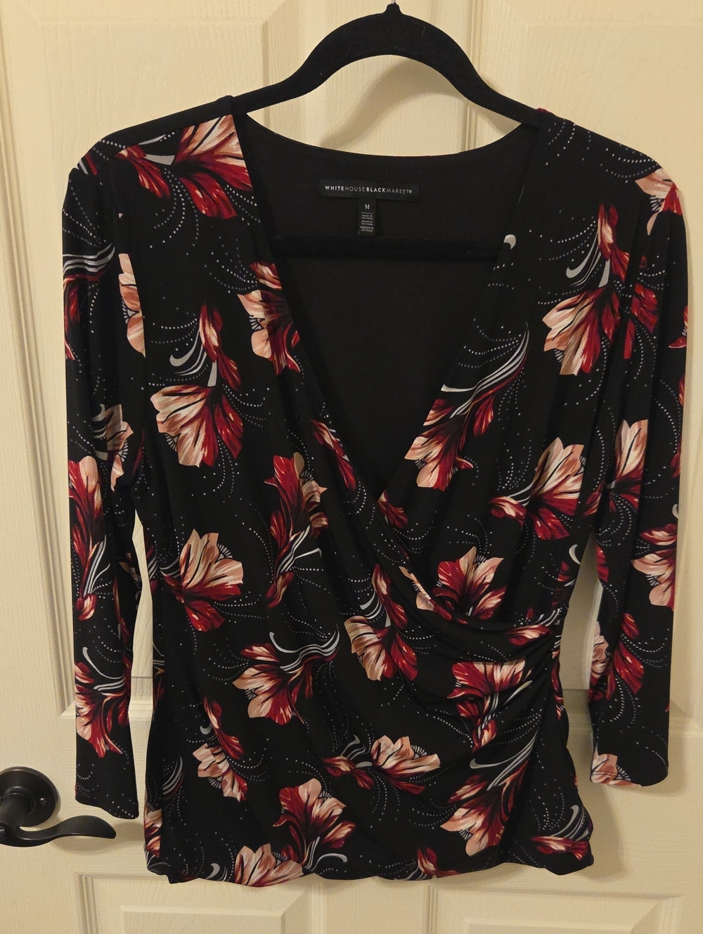 White House Black Market Black Floral Faux-Wrap Long Sleeve Top